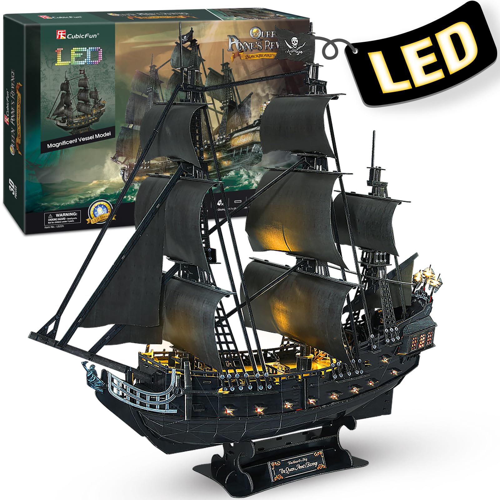 CubicFun Queen Anne's Revenge 3D puzzle assembly shows a detailed 1:95 scale pirate ship.