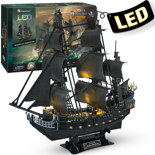 CubicFun Queen Anne's Revenge 3D puzzle assembly shows a detailed 1:95 scale pirate ship.