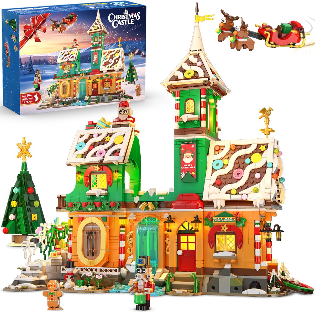 CUBIMANA 3-Style Christmas gingerbread house front view with lights for festive display.