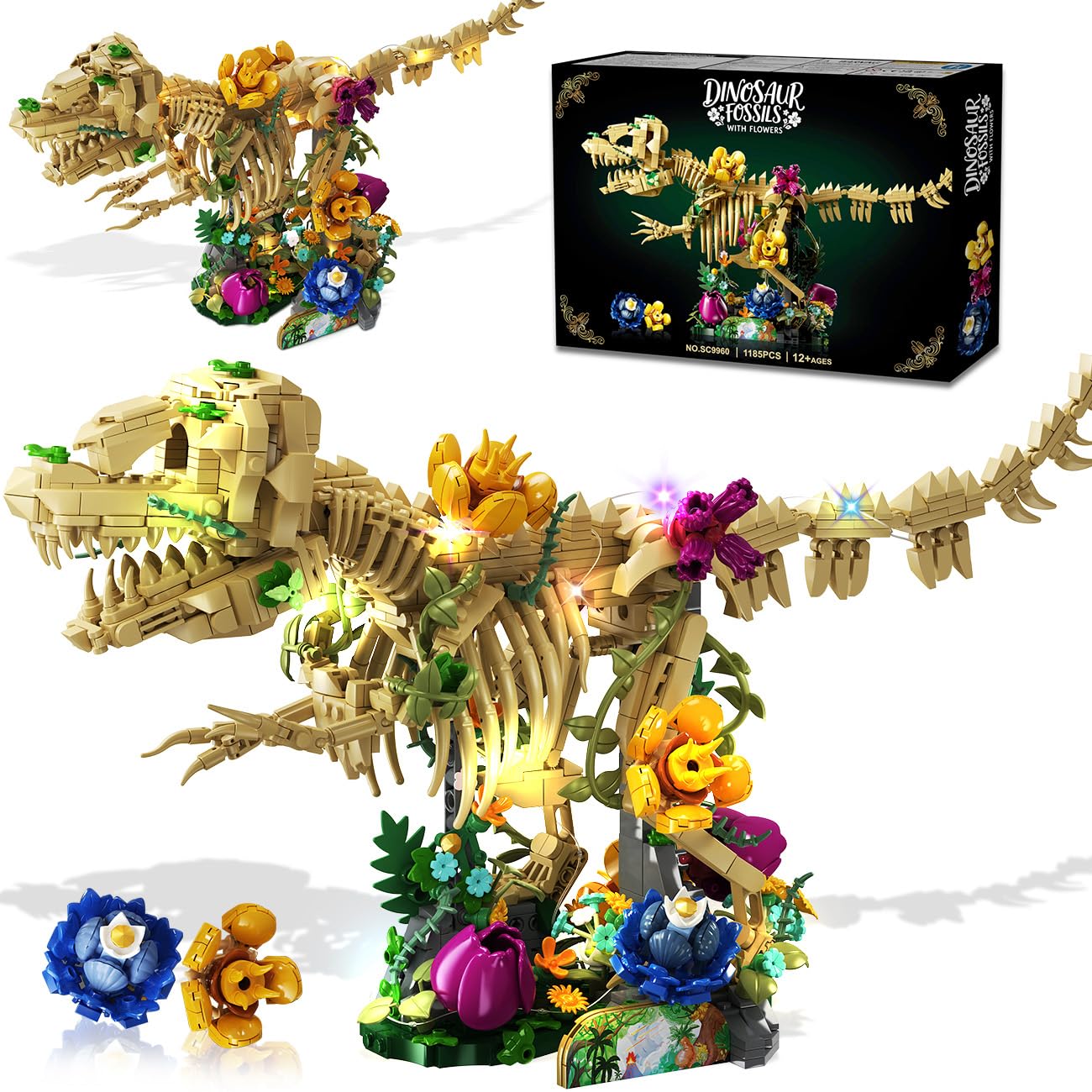 CUBIMANA dinosaur fossil with flowers build set displayed as a vibrant centerpiece