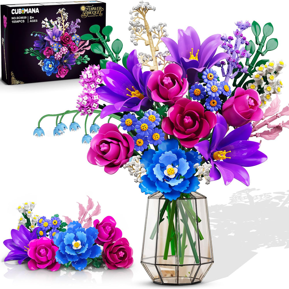 Cubimana bouquet building set with LED-lit arrangement ready for display.