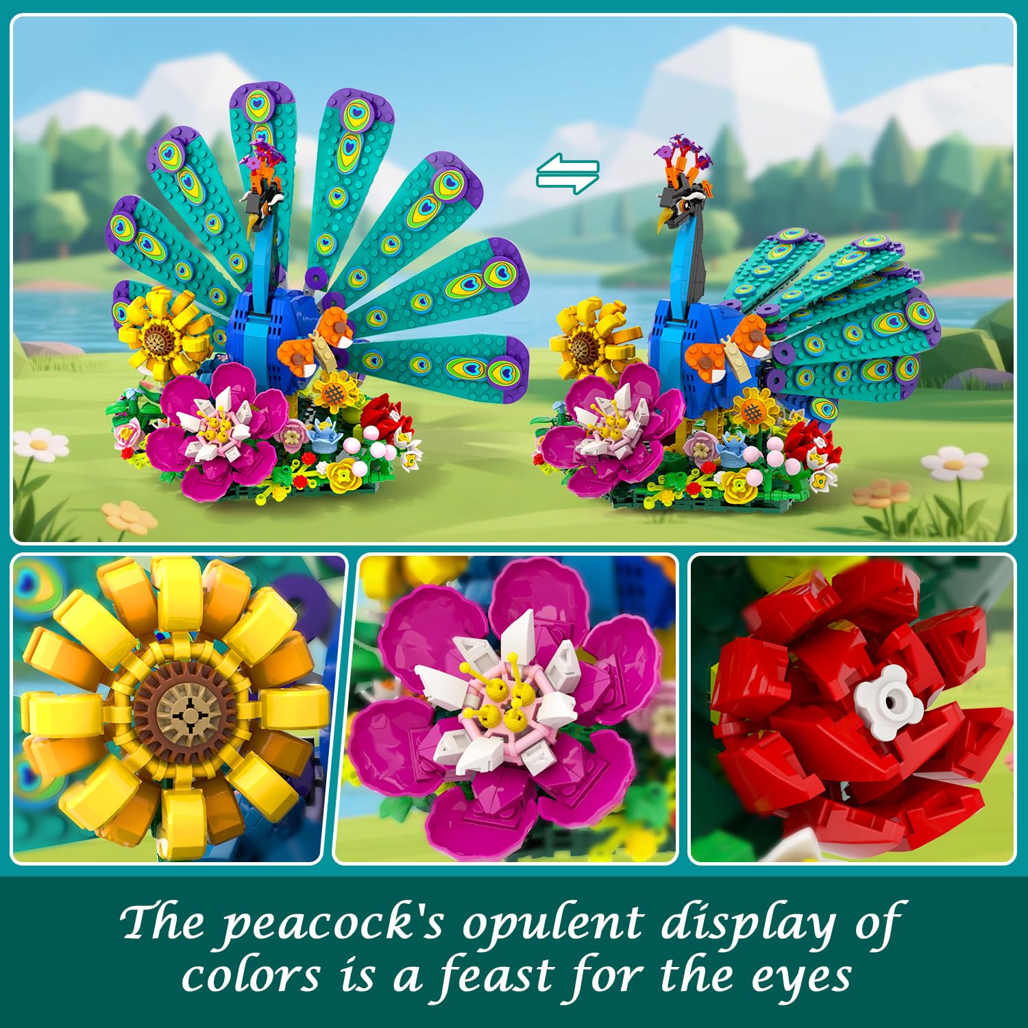 CUBIMANA Flowers Peacock Building Set: detailed feather textures enhance realism for display