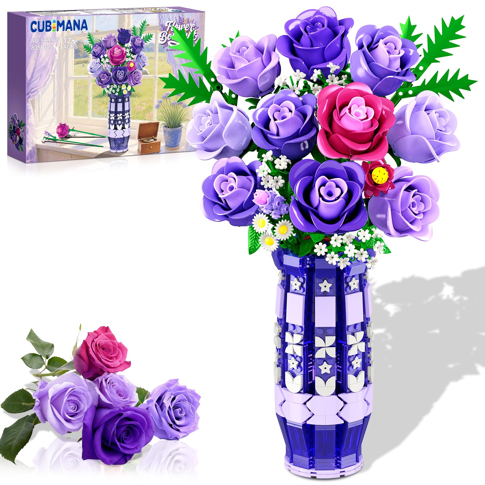 CUBIMANA purple rose building set bouquet for elegant home decor.