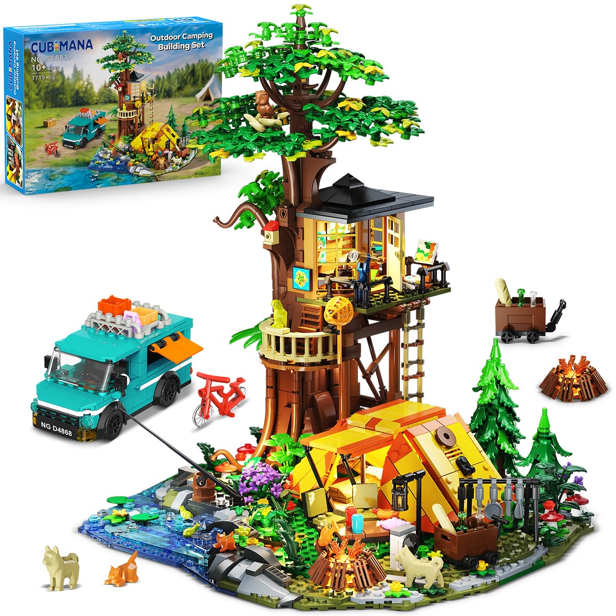 CUBIMANA tree house with illuminated roof and windows for cozy home display.