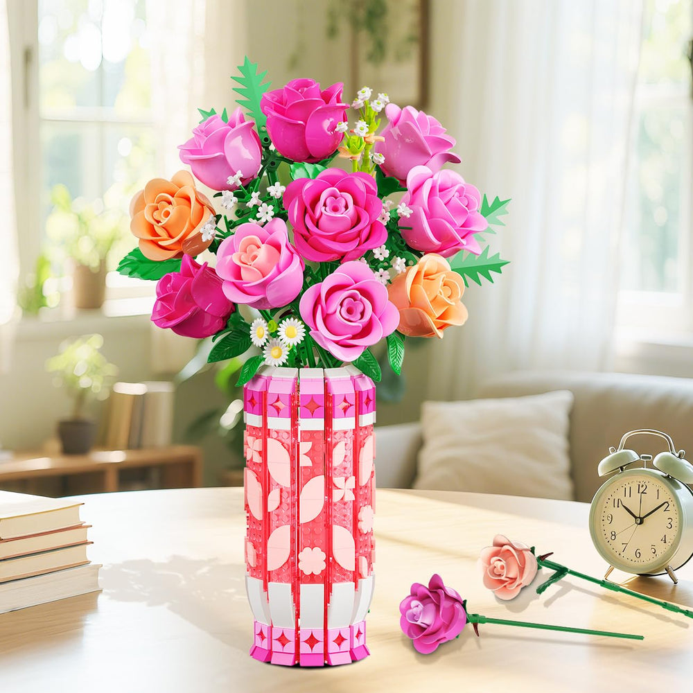 CUBIMANA vase-building kit with roses, creating a sculptural focal point in living spaces.