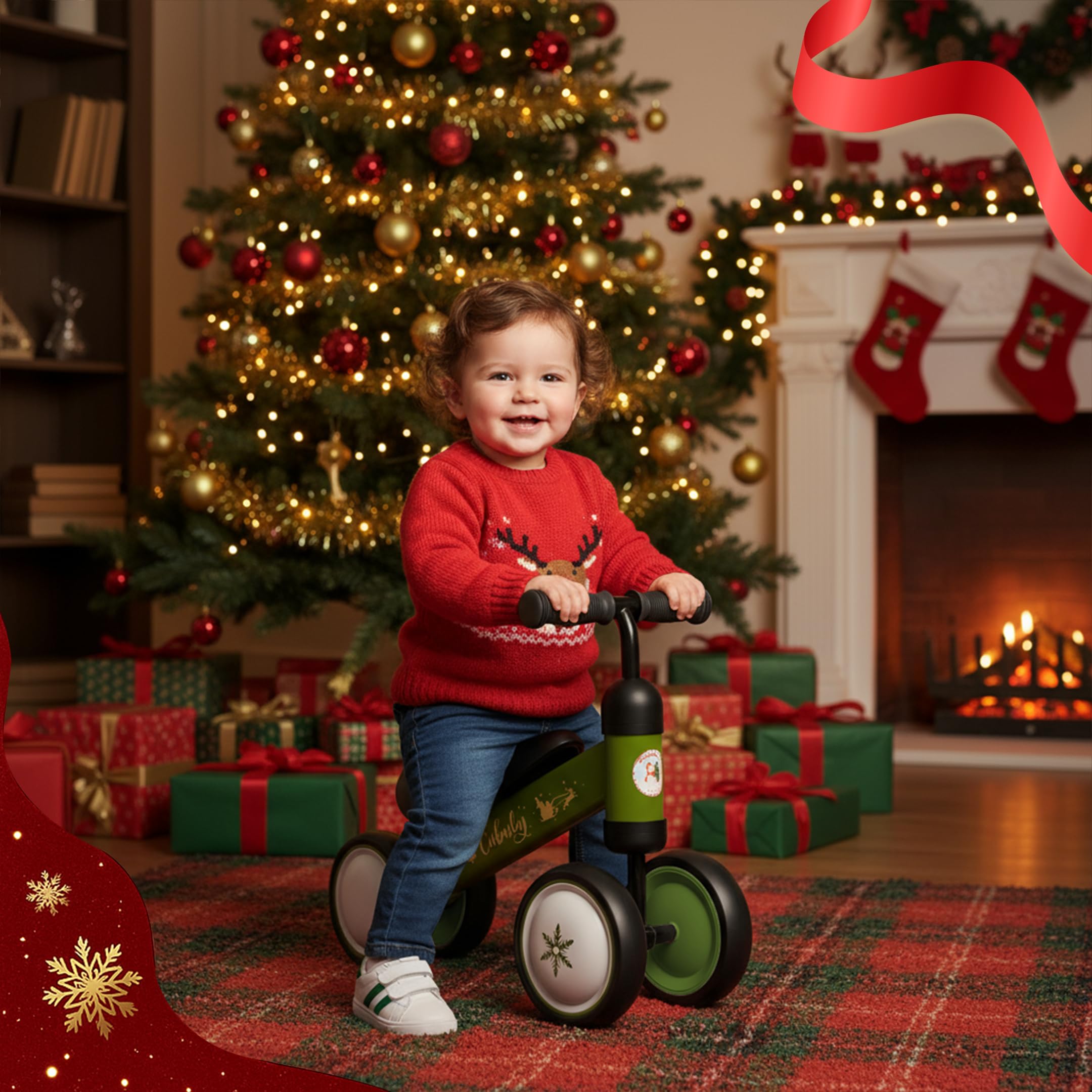 Cubuly Green balance bike outdoors with child riding.