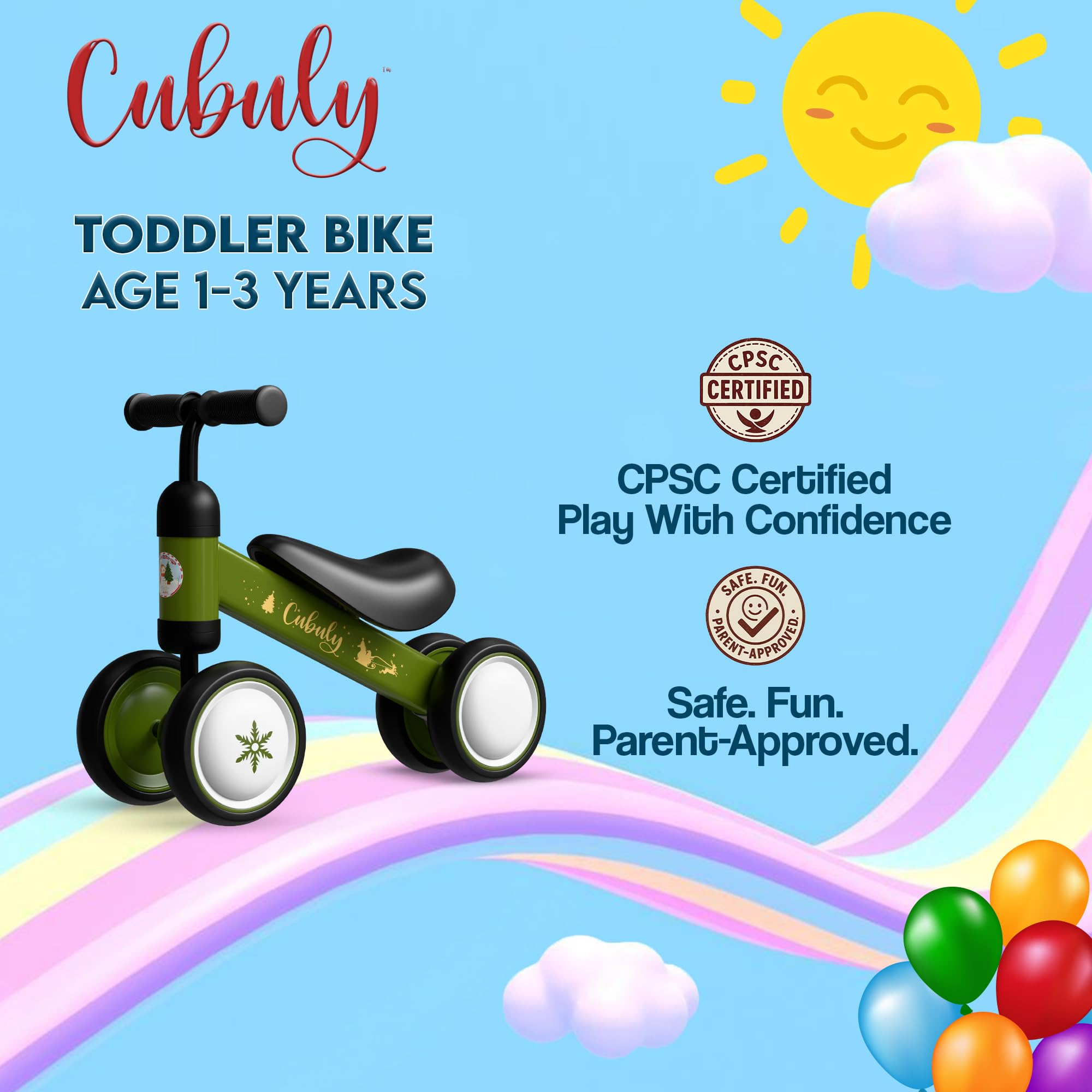 Cubuly Green Balance Bike with lighting wheels for outdoor fun.