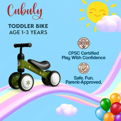 Cubuly Green Balance Bike with lighting wheels for outdoor fun.