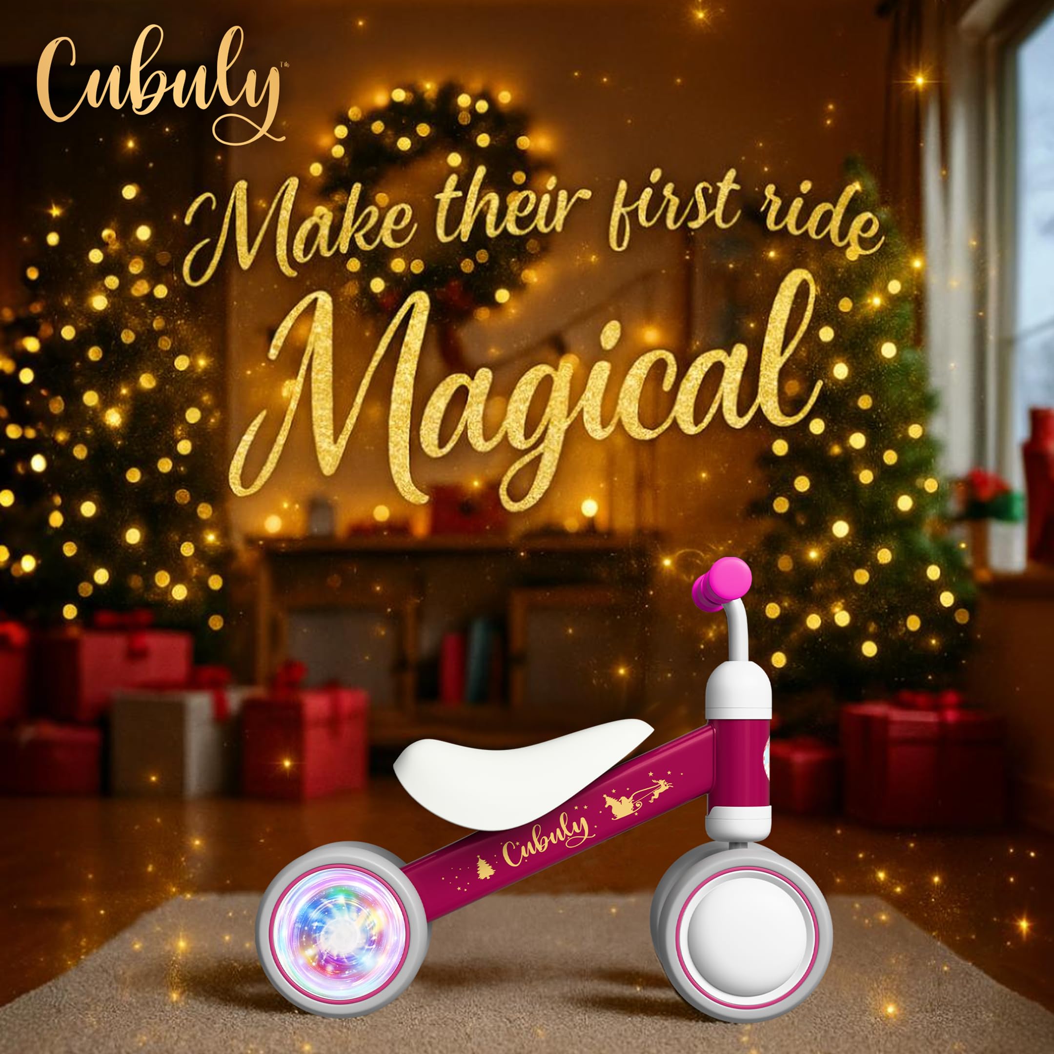 Limited edition Cubuly pink balance bike with Christmas styling
