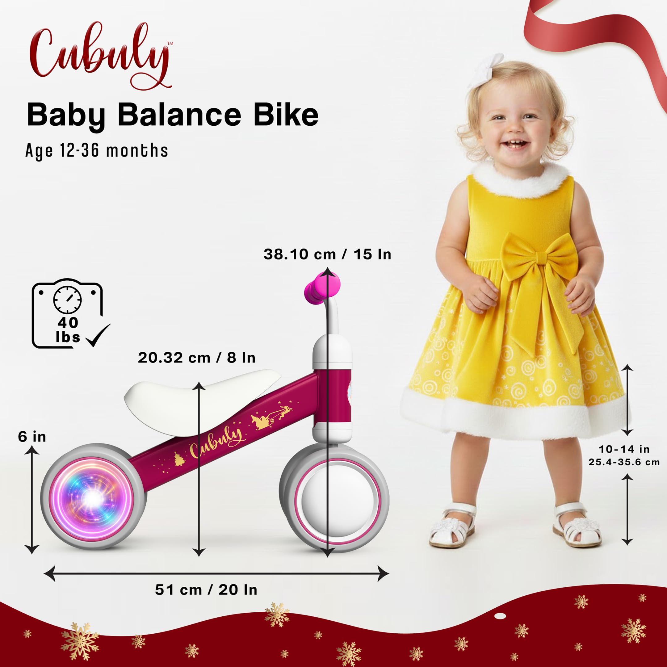 Child rides the Cubuly pink balance bike outdoors and smiles