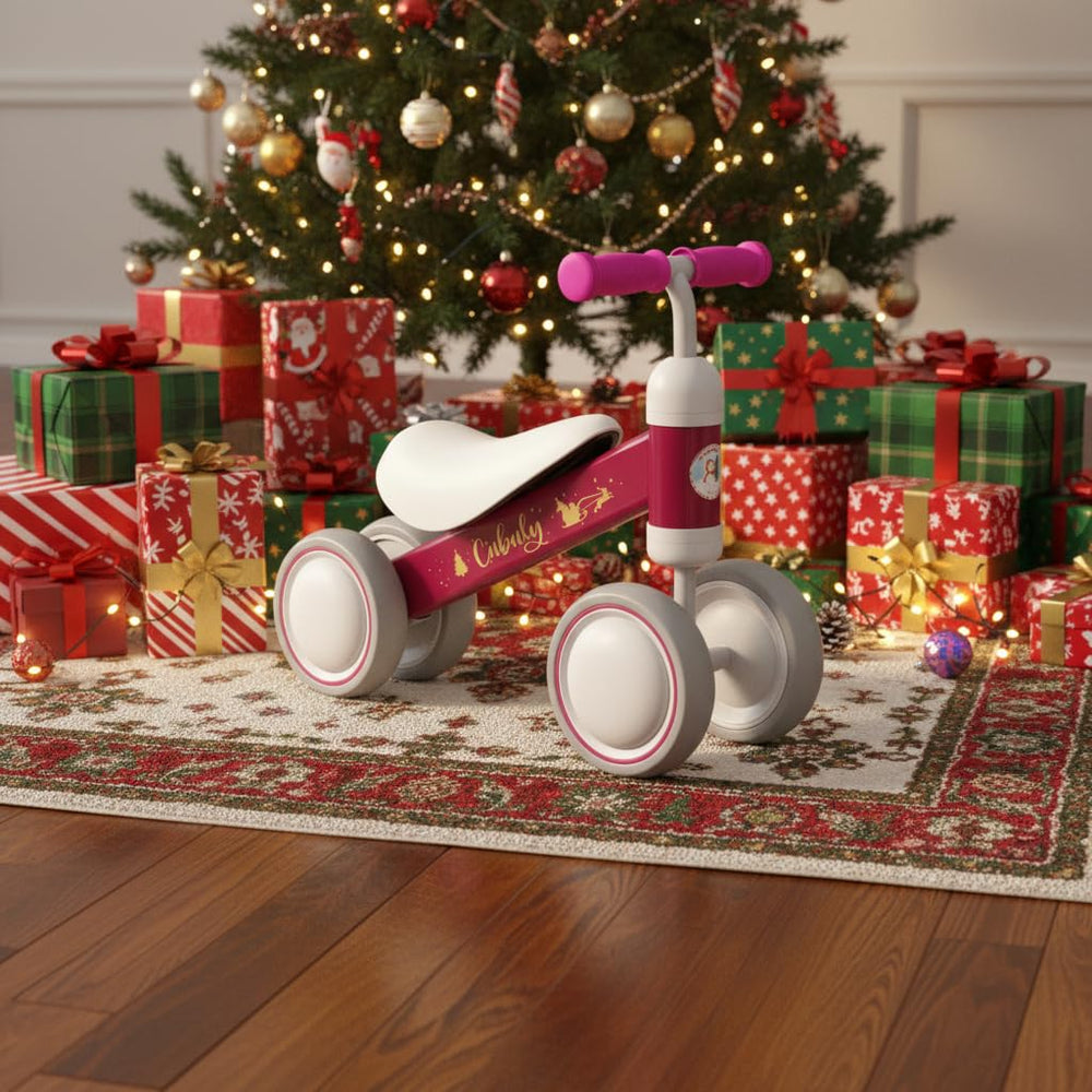 Cubuly pink balance bike packaged and ready as a gift