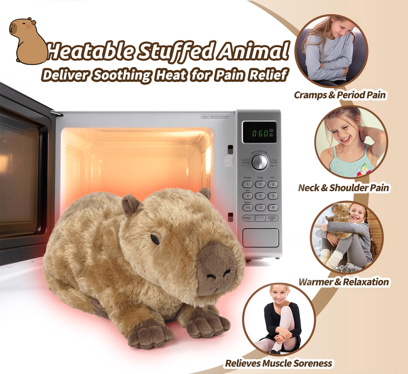 Cuckool Capybara Plush Microwave warmth in 60-90 seconds.