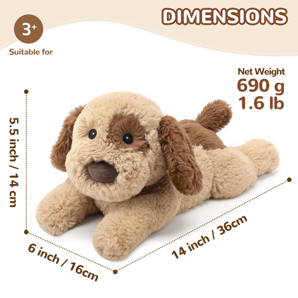 Cuckool dog plush resting on a bed for bedtime comfort.