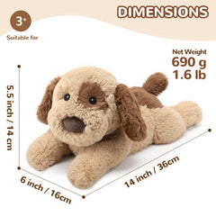 Cuckool dog plush resting on a bed for bedtime comfort.