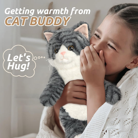 Cuckool gray tabby cat plush snuggle position ideal for bedtime warmth.