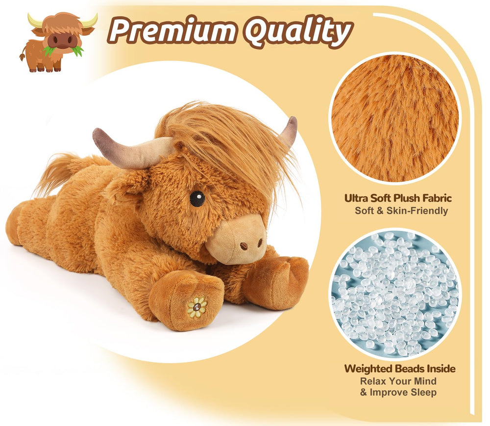 Close-up of Highland Cow plush face showing friendly expression.