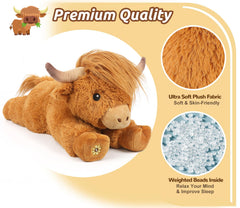 Close-up of Highland Cow plush face showing friendly expression.