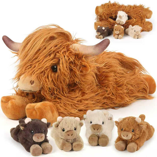 Cuckool Highland Cow mommy plush with babies inside for imaginative play and hugs