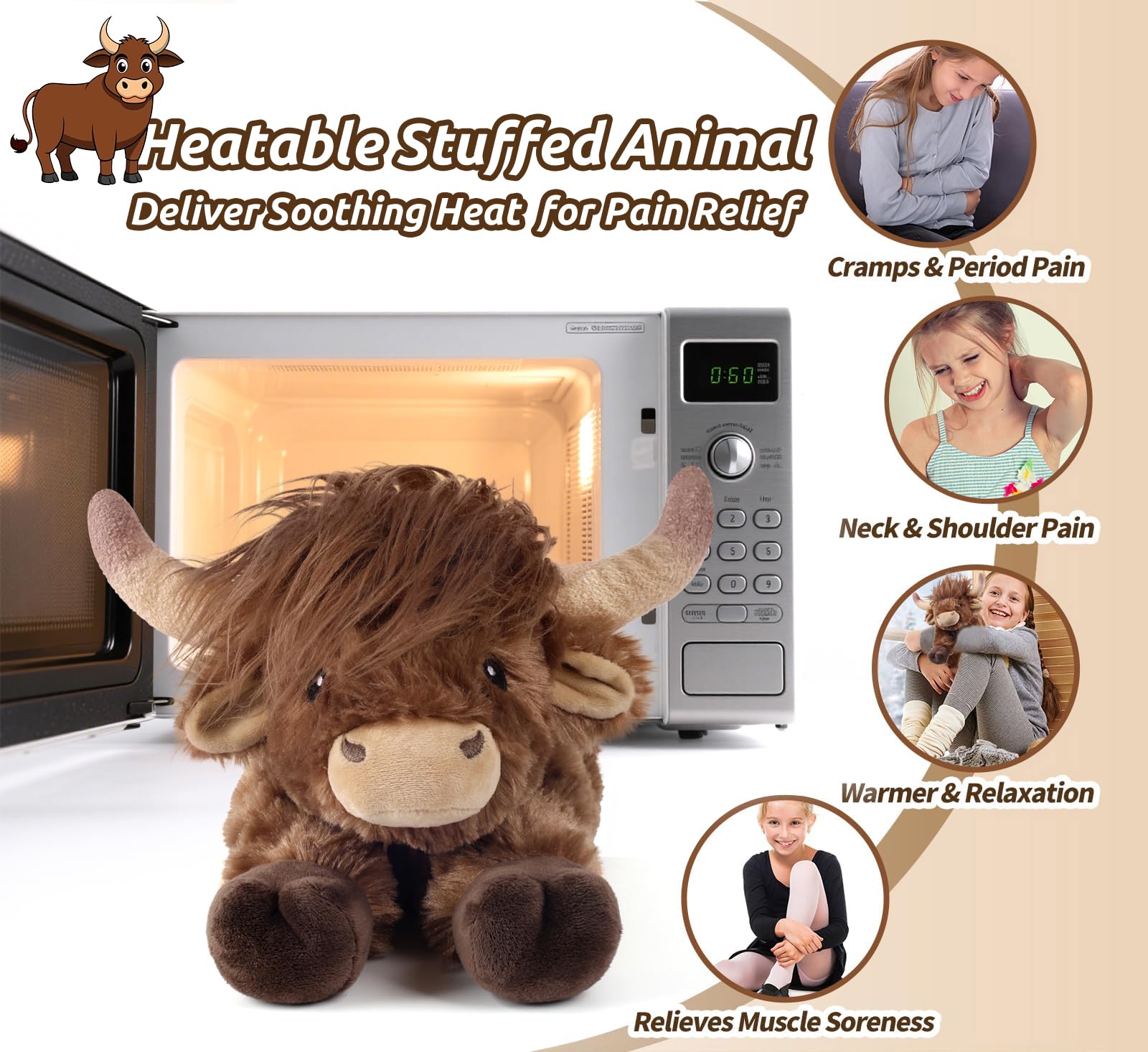 Cuckool Highland Cow plush microwave heat for soothing warmth