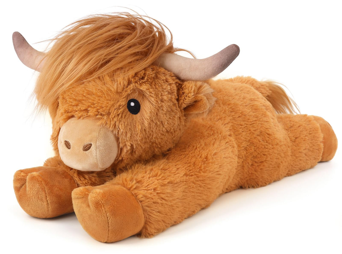 Cuckool Highland Cow stuffed animal in lying pose, perfect cuddle buddy.