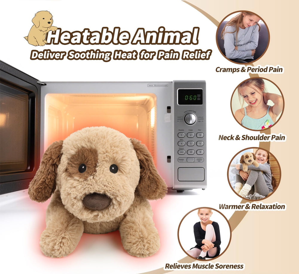 Cuckool microwavable heat dog plush for soothing warmth.