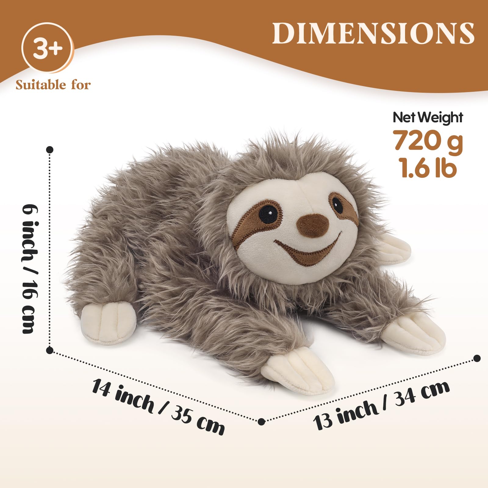 Cuckool sloth plush measures about 14 by 13 by 6 inches