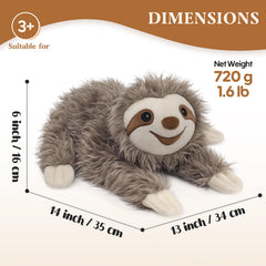 Cuckool sloth plush measures about 14 by 13 by 6 inches