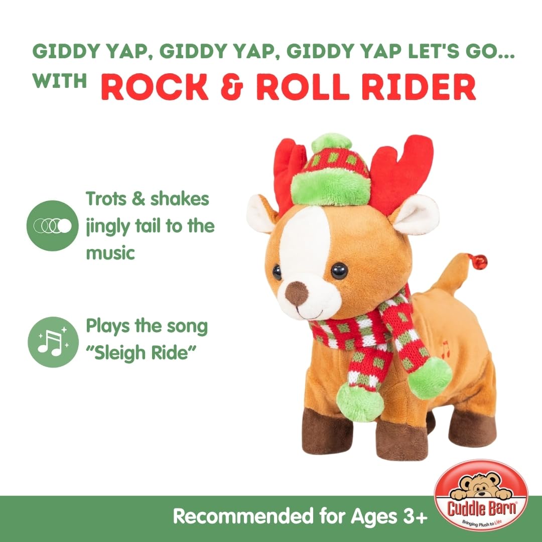 Cuddle Barn animated reindeer with sleigh ride feature for lively display.