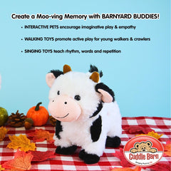 Cuddle Barn Barnyard Buddies Cow arrives with batteries included for immediate use.