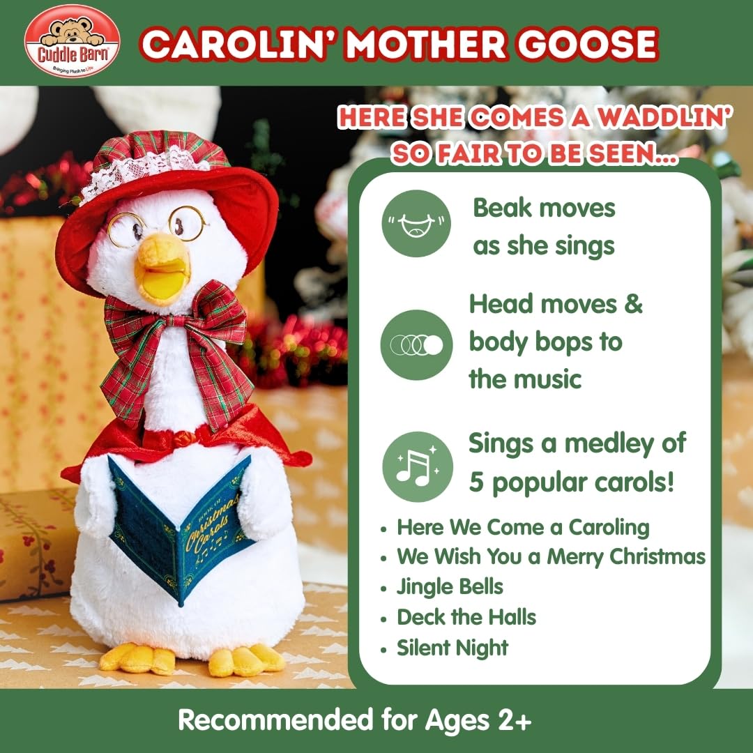 Cuddle Barn Carolin' Mother Goose with cape and bow for holiday charm.