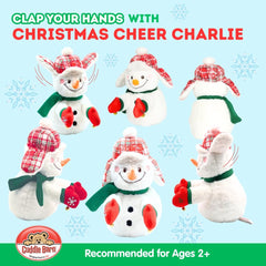 Cuddle Barn Charlie wearing hunting cap and mittens for cozy holiday vibes.