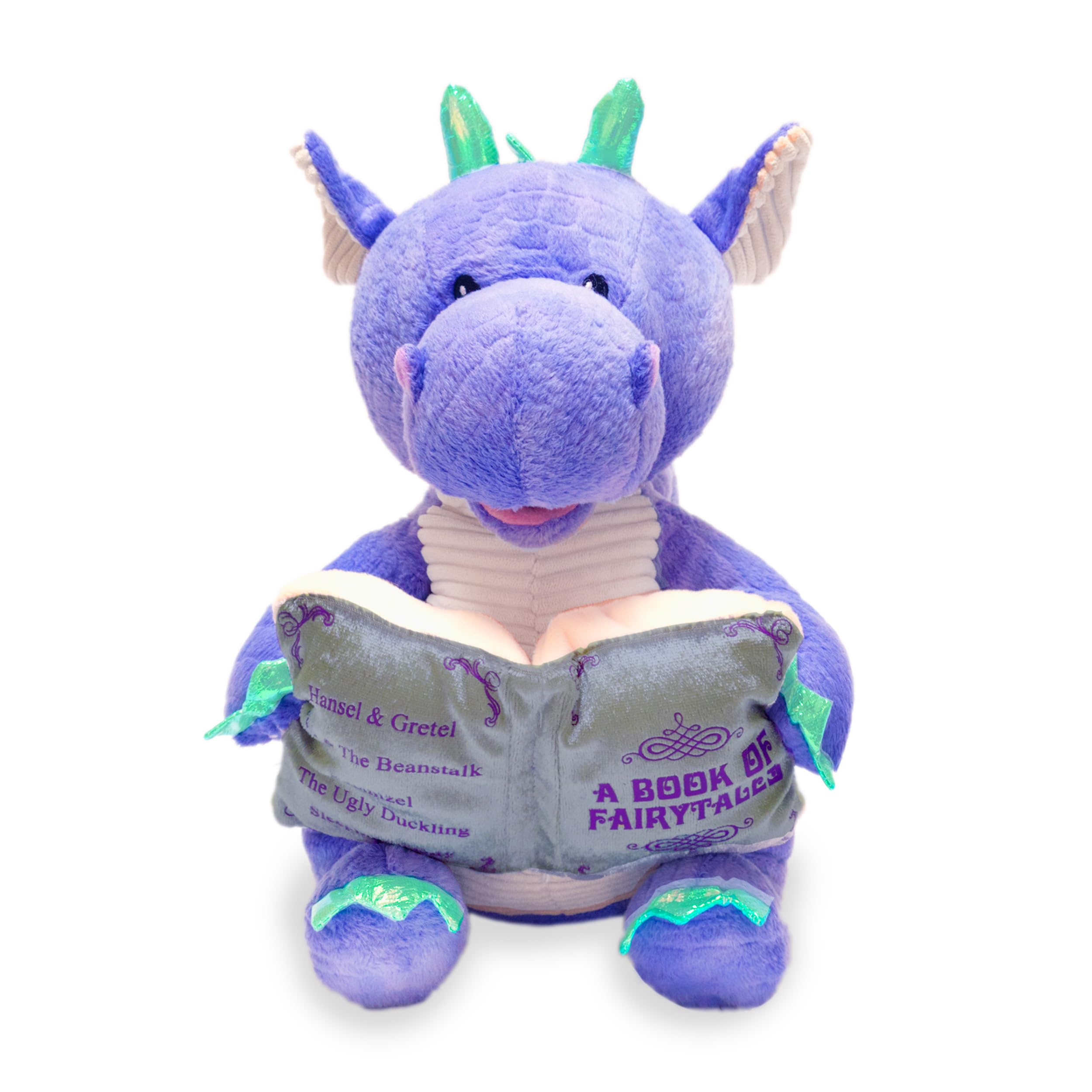Cuddle Barn Dalton reads from a glowing book for bedtime storytelling.