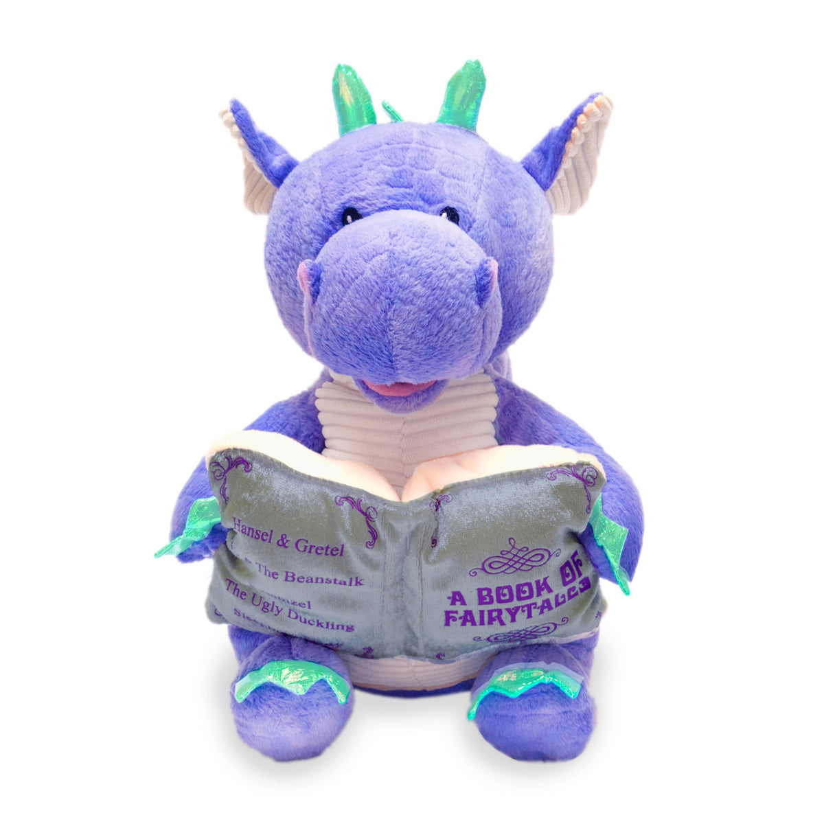 Cuddle Barn Dalton reads from a glowing book for bedtime storytelling.