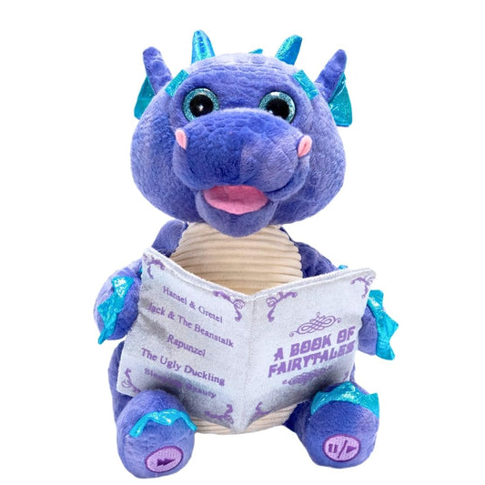 Cuddle Barn Duncan dragon with glowing eyes for immersive bedtime storytelling.