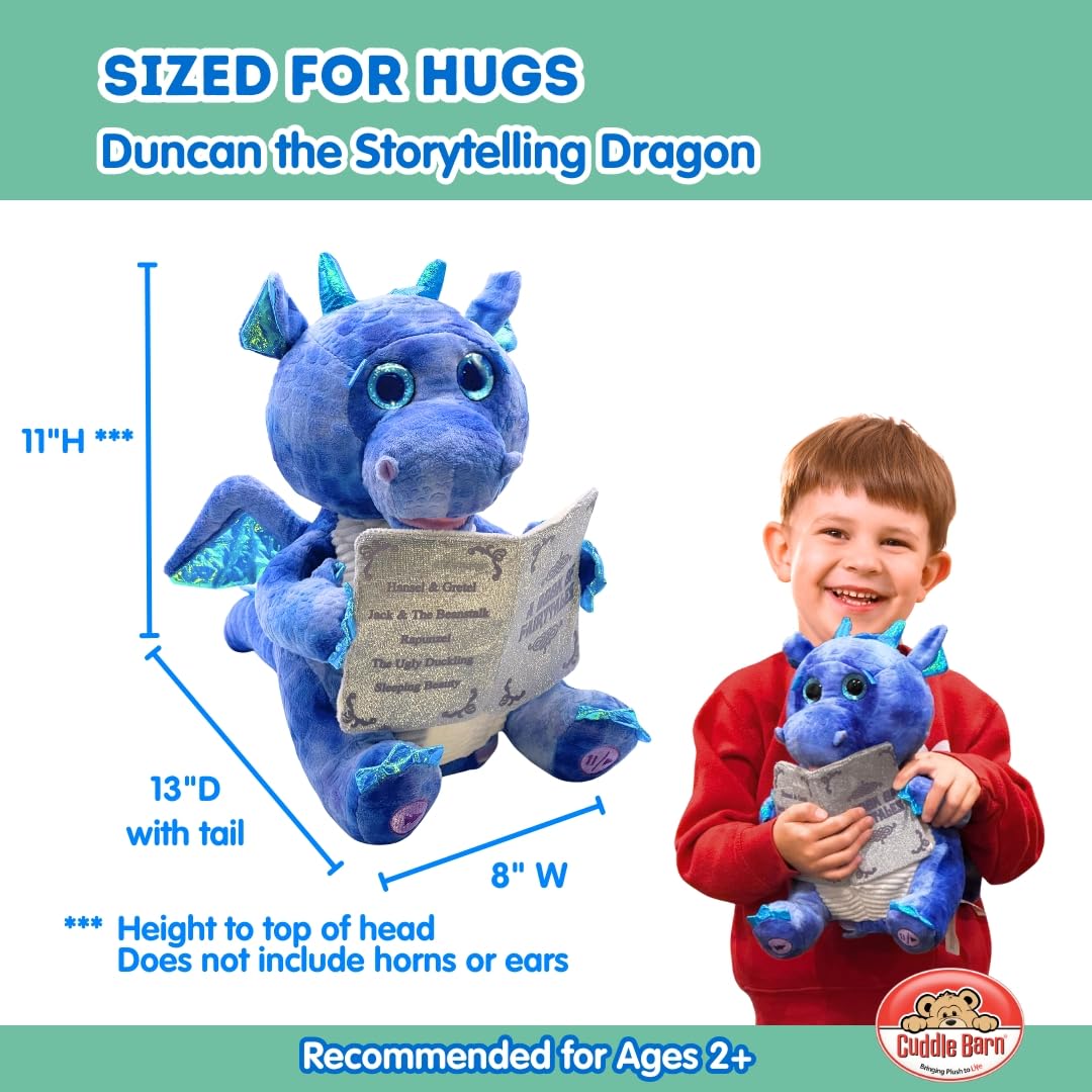 Cuddle Barn Duncan dragon with moving mouth while reading stories aloud.