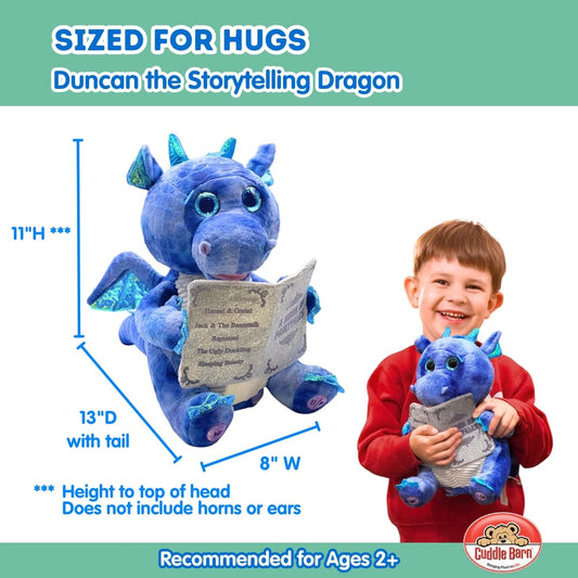Cuddle Barn Duncan dragon with moving mouth while reading stories aloud.