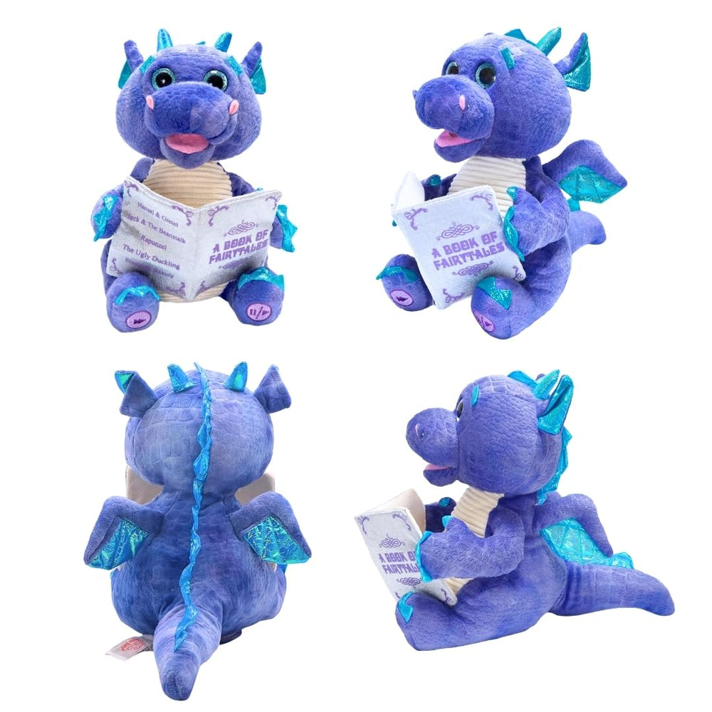 Cuddle Barn Duncan dragon reading from a magical book during playtime.