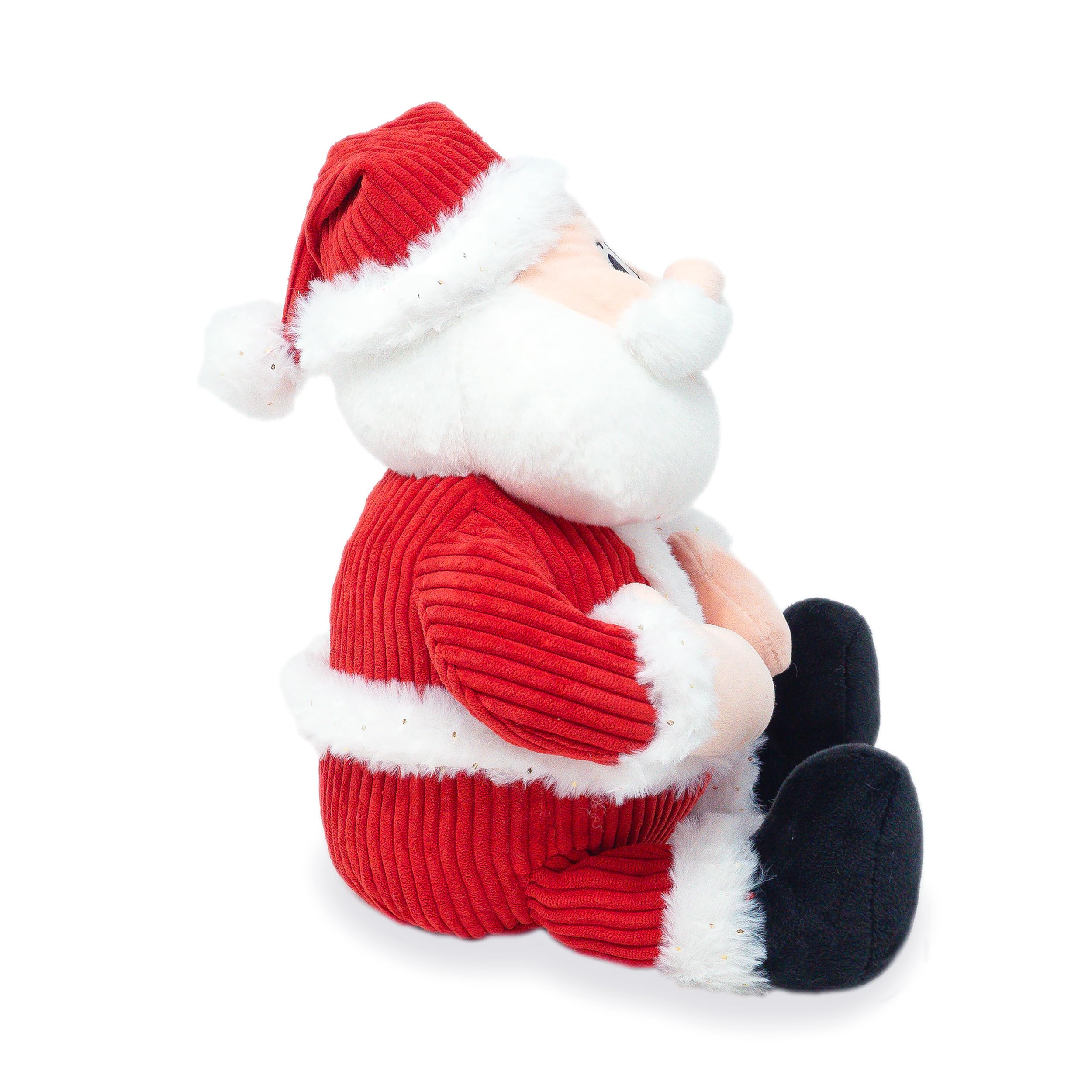 Cuddle Barn eleven-inch Santa fits neatly on shelves and desks.