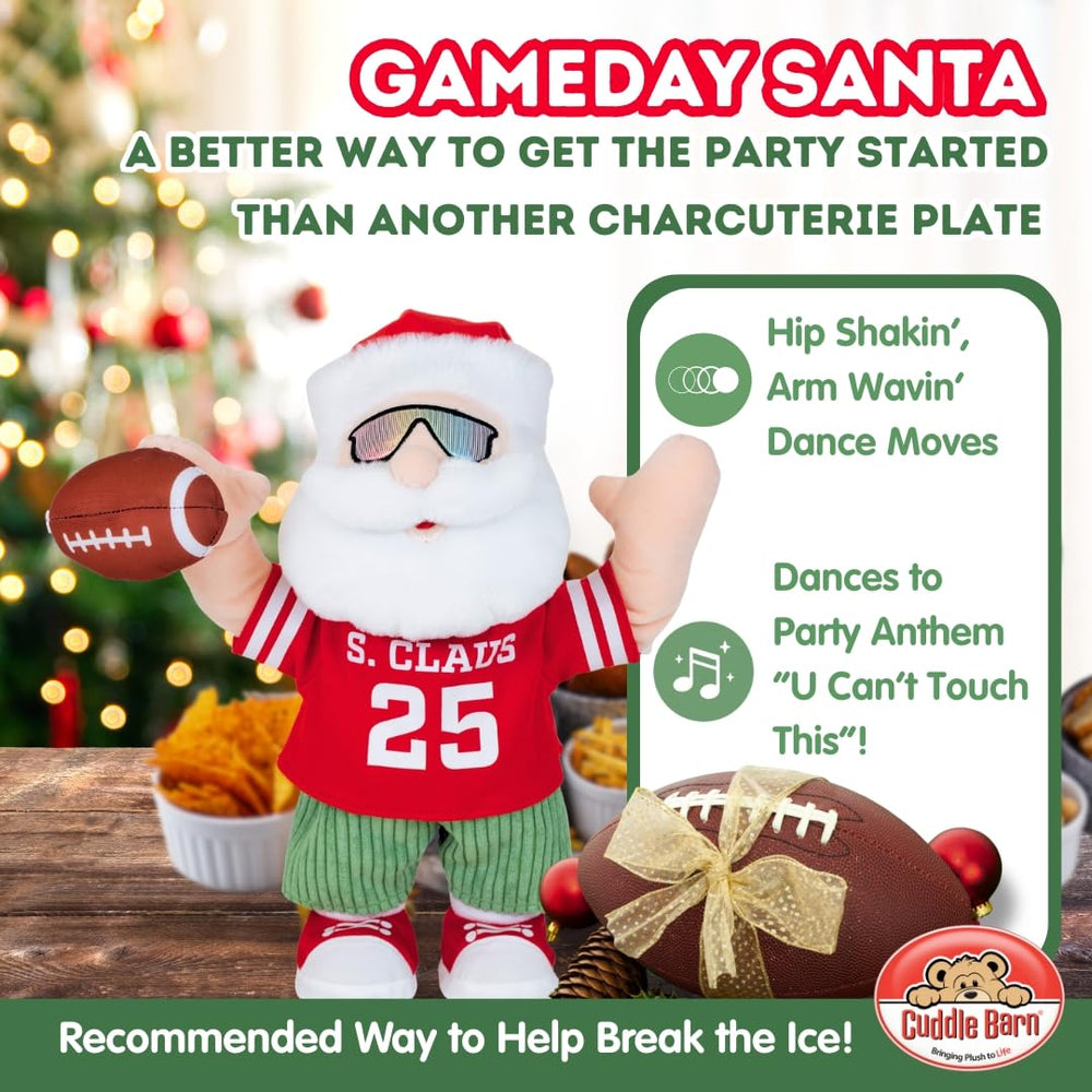 Cuddle Barn Gameday Santa holds a football while dancing to entertain