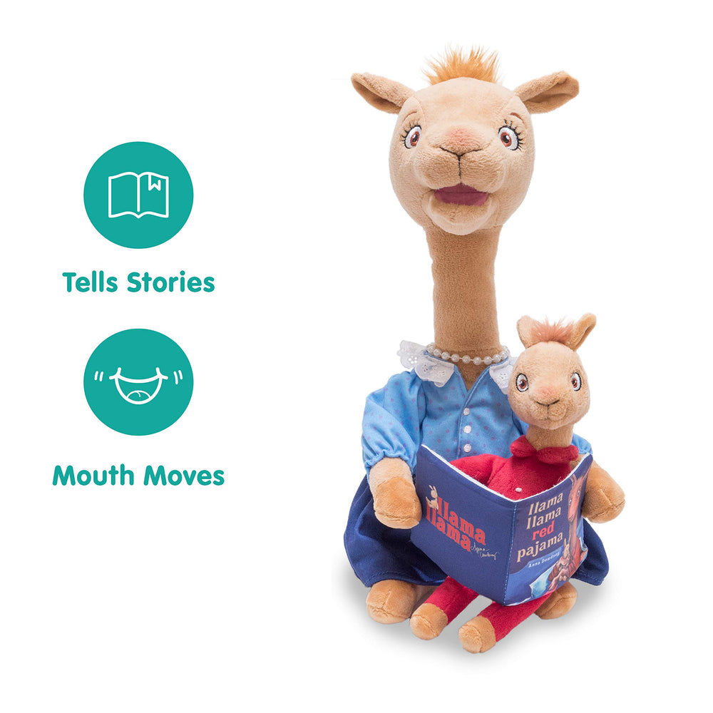 Cuddle Barn Mama Llama's head bobbing and mouth movement simulate reading for kids.