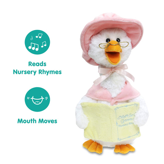 Cuddle Barn Mother Goose stands 14 inches tall with glasses and a cozy outfit.