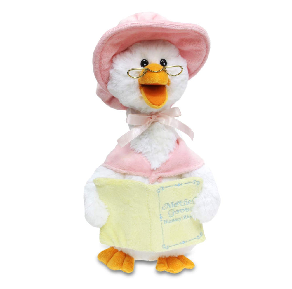Cuddle Barn Mother Goose reads nursery rhymes from a book while turning her head.