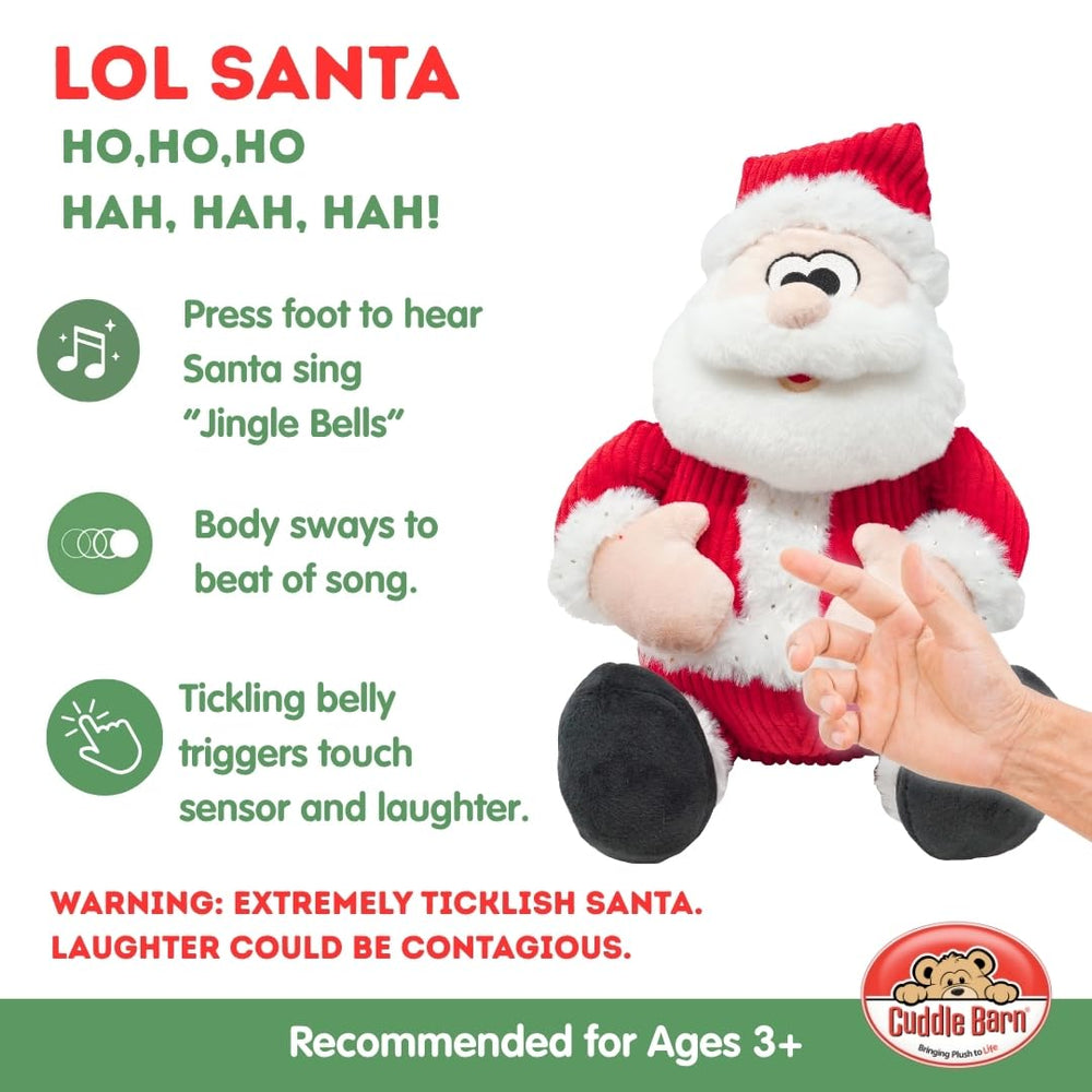 Cuddle Barn red corduroy Santa adds cozy holiday charm to any scene.