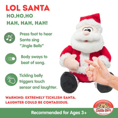 Cuddle Barn red corduroy Santa adds cozy holiday charm to any scene.