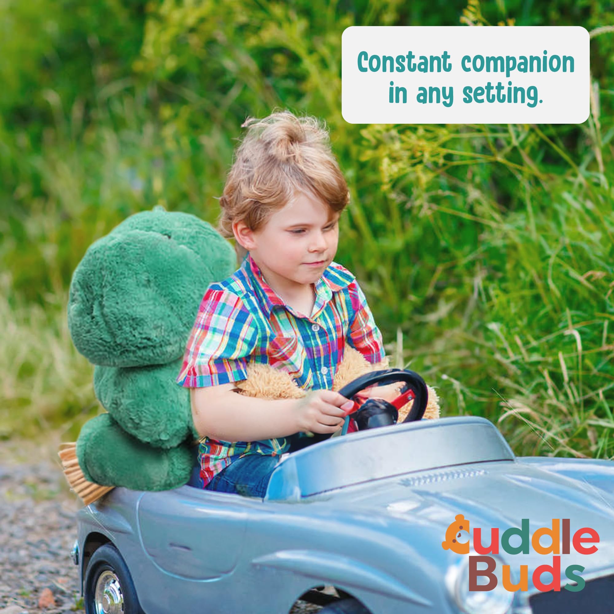 Cuddle Buds weighted dinosaur in hug—perfect sensory companion for calming evenings.