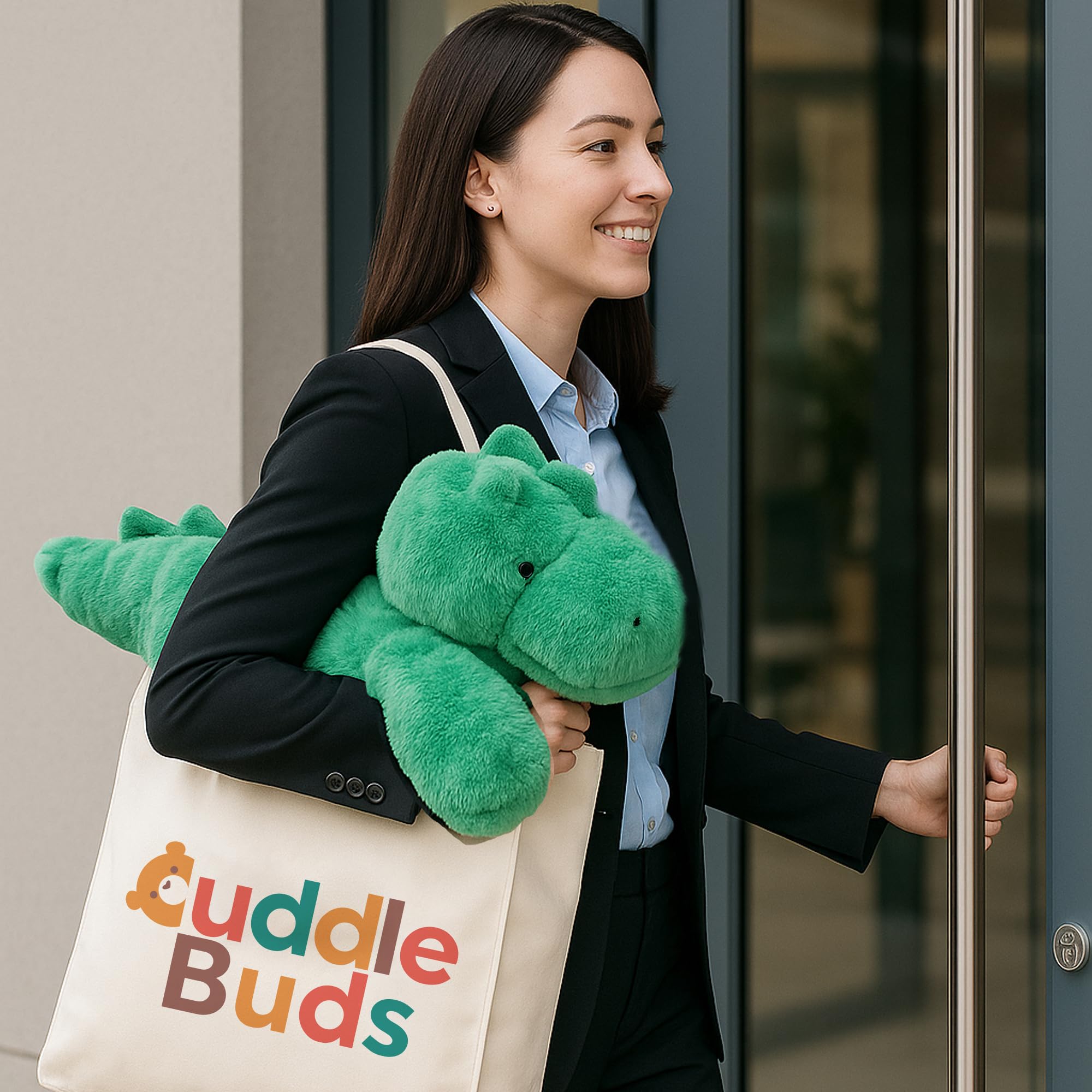 Cuddle Buds weighted dinosaur on bed—soft bedtime buddy for kids and adults.