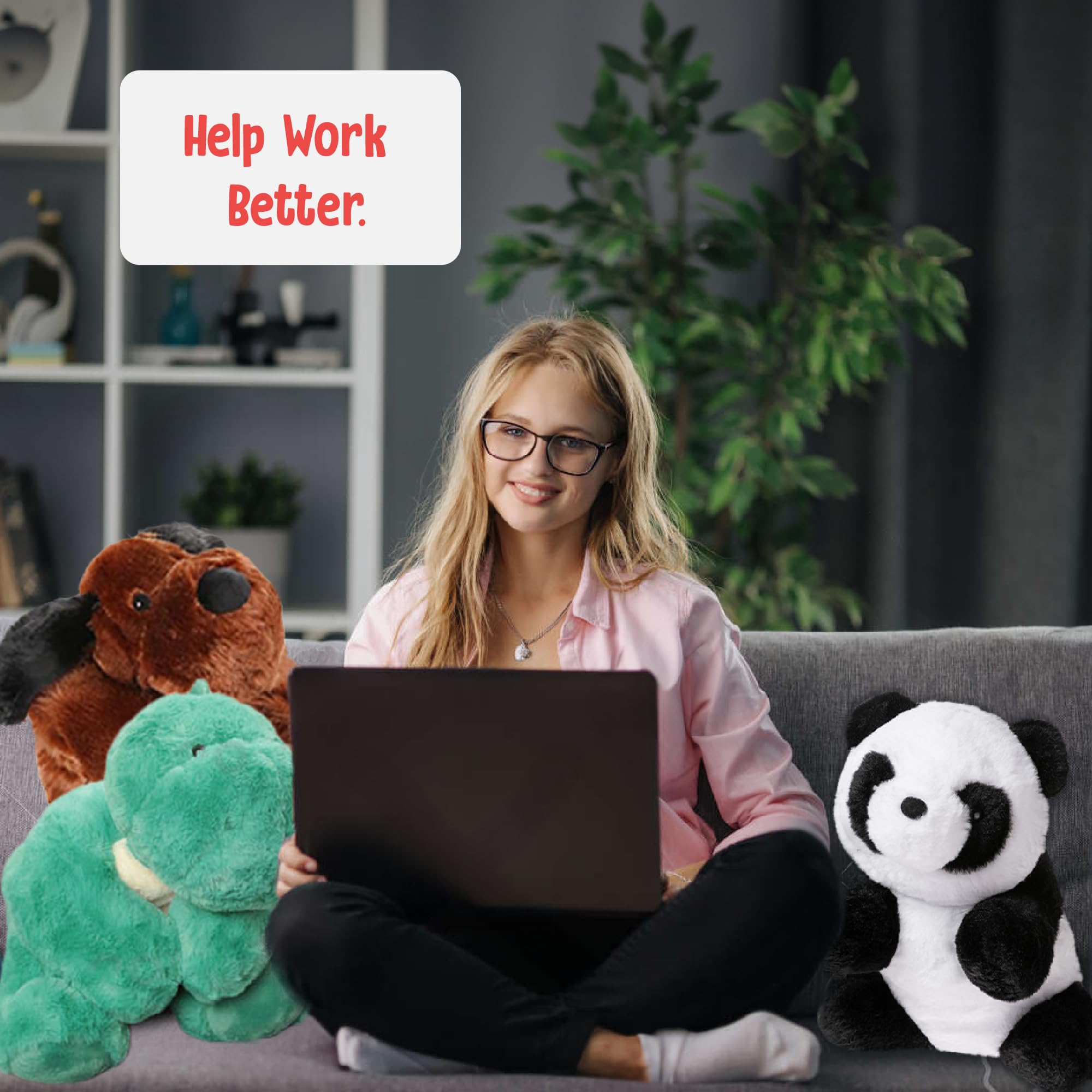 Cuddle Buds weighted dinosaur with kids—friendly sensory toy for learning and play.