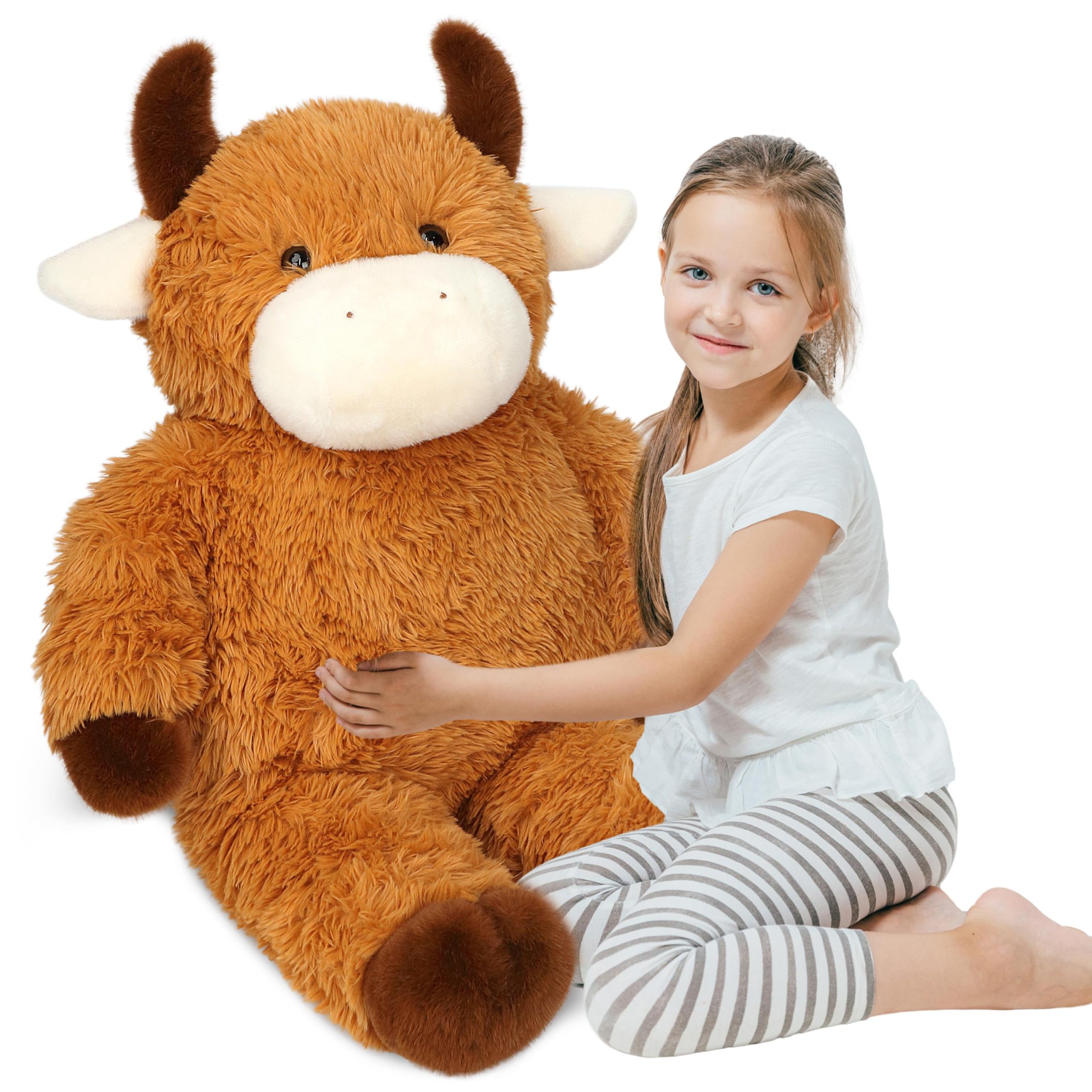 Cudhug 32-inch Highland cow stuffed animal viewed from the front, cozy companion for kids.