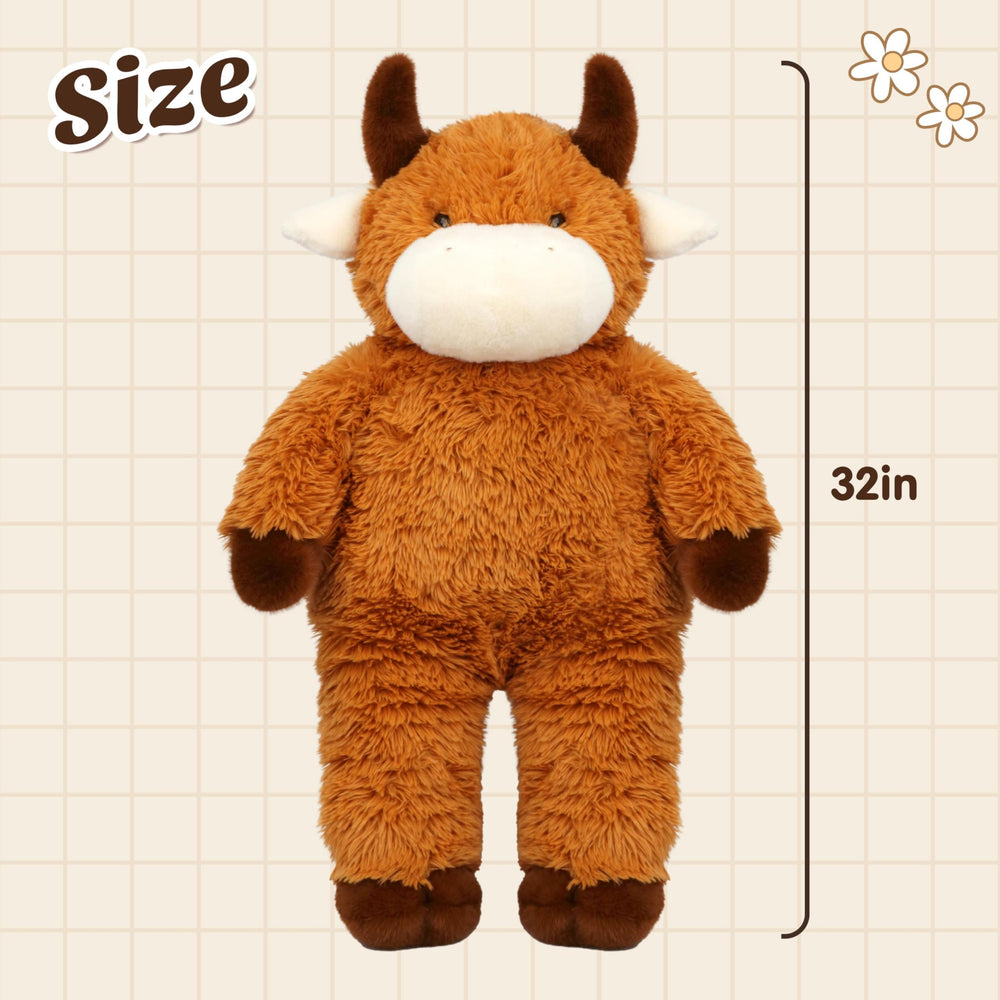 Cudhug Highland cow plush with floppy ears inviting cuddles and imaginative play.