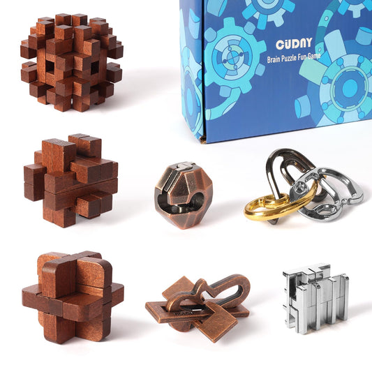 CUDNY 7-piece interlock brain teaser wooden and metal puzzle set for focused problem-solving.